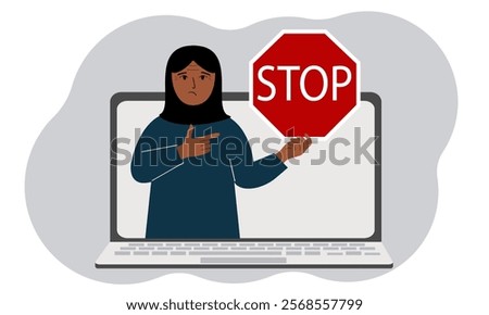 A woman holding a red stop sign in a laptop screen. Virus, attack, error, account or page deletion. Vector flat illustration