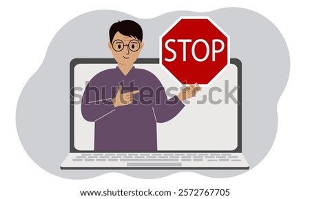 A man holding a red stop sign in a laptop screen. Virus, attack, error, account or page deletion.