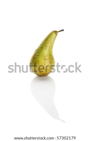 Pear, shot on a white background. It has water droplets and is a frontal view.