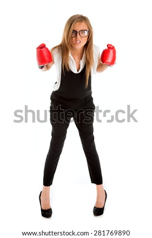 Defeated loser woman - business concept with businesswoman wearing boxing gloves standing in full body looking hopeless.
