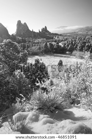 Black and white of the famouse Garden of the Gods Park in Colorado Springs, CO
