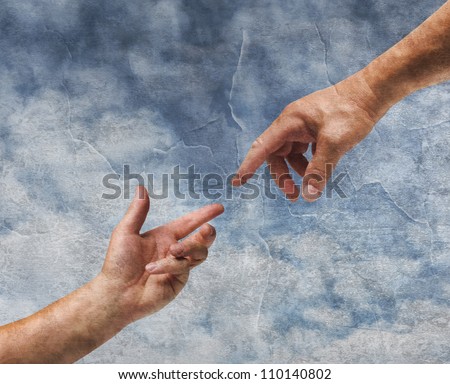 Two hands God and Adam reaching old painting style background