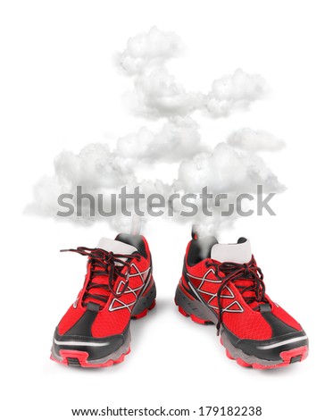 Exhausted sport running shoes steaming, isolated on white background