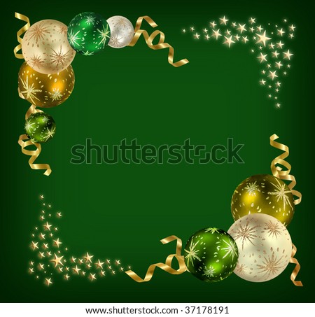 Christmas feeling background with green, silver and golden balls, golden ribbons and stars
