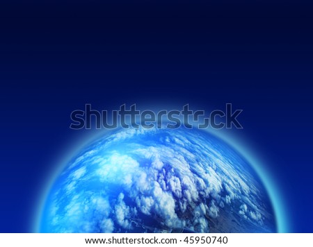 Shining blue planet covered with clouds on dark space background