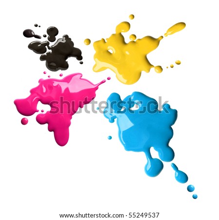 Splashes of four color printing inks cyan magenta yellow black