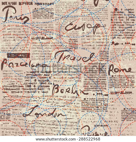 Seamless background pattern. Imitation of newspaper Travelling in Europe. Text is unreadable.