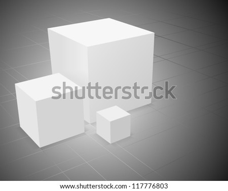 3d abstract background, three white cube on grey background with grid