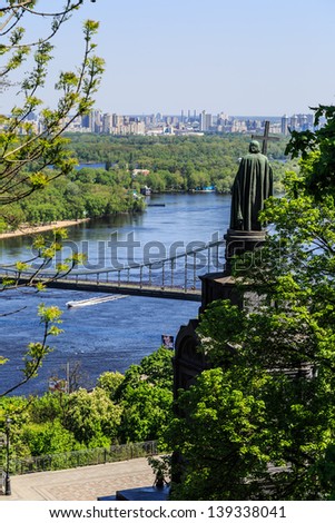 Panorama of city landscape and nature. Kiev, Ukraine. Green trees, architecture, bridges and blue river
