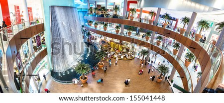 DUBAI, UAE - OCTOBER 1: Waterfall in Dubai Mall - world\'s largest shopping mall based on total area and sixth largest by gross leasable area, October 1, 2012 in Dubai, United Arab Emirates.