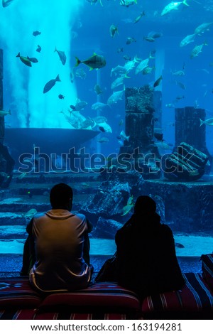 DUBAI, UAE - SEPTEMBER 30: Large aquarium in Hotel Atlantis (1,539 spacious guest rooms including 166 suites) on man-made island of Palm Jumeirah at September 30, 2012 in Dubai, United Arab Emirates.