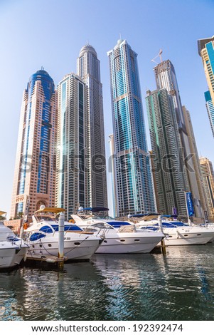 DUBAI, UAE - NOVEMBER 13: Modern buildings in Dubai Marina, Dubai, UAE. In the city of artificial channel length of 3 kilometers along the Persian Gulf, taken on 13 November 2013 in Dubai.