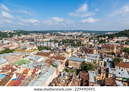 Lviv panoramic bird\'s-eye view of from of the city centre in Ukraine