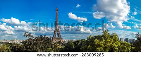 Panorama of the Eiffel Tower in Paris, France in a beautiful summer day
