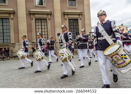 STOCKHOLM, SWEDEN - JUNE 14: Royal Swedish Army Band performing to celebrate the birthday of Victoria, Crown princess of Sweden, on June 14, 2014 in Stockholm.