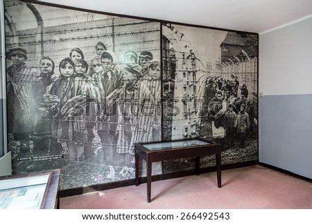 OSWIECIM, POLAND - JULY 22: Exhibition in Concentration camp in Auschwitz. It is the biggest nazi concentration camp in Europe on July 22, 2014 in Oswiecim, Poland