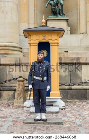 STOCKHOLM, SWEDEN - AUG 25,2014:Royal Guards,Main Guard at Palace is carried out by units of Swedish Armed Forces.It is King of Sweden guard of honour and is responsible for protection of Royal Family