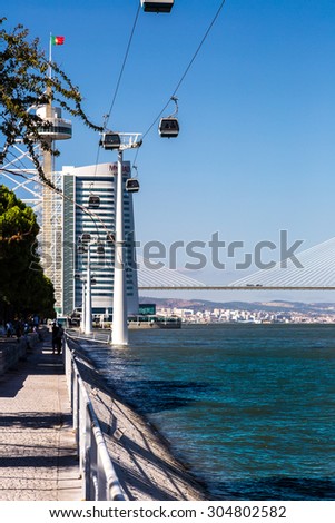LISBON, PORTUGAL - JUNE 15, 2014: Vasco da Gama Bridge and Myriad Hotel in a summer day in Lisbon