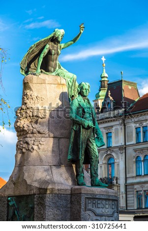 Sculpture of poet Preseren in Ljubljana square in Slovenia