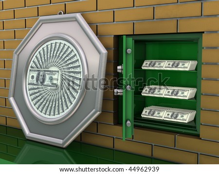 Safe deposit in wall with dollars
