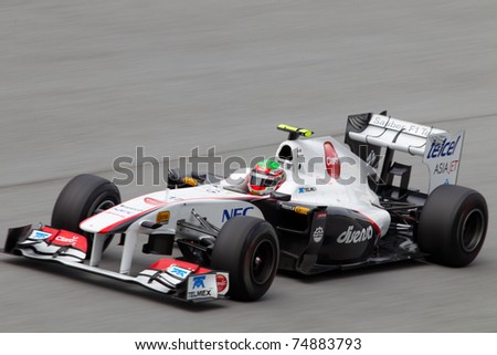 SEPANG, MALAYSIA - APRIL 8: Mexican Sergio Perez of Sauber at the back straight during Friday practice at Petronas Formula 1 Grand Prix on April 8, 2011 in Sepang, Malaysia