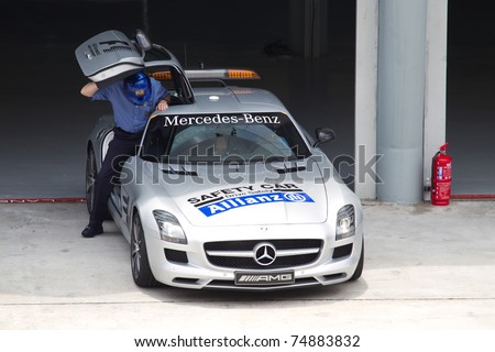 SEPANG, MALAYSIA - APRIL 8: The F1 safety car readies to do a track inspection during Friday practice at Petronas Formula 1 Grand Prix on April 8, 2011 in Sepang, Malaysia