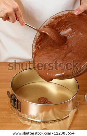 Pouring cake mix into baking tin (springform). Making Chocolate Layer Cake. Series.