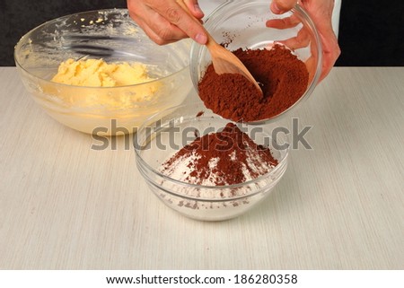 Add Cocoa Powder into Flour and Mixing. Making Chocolate Cookies.