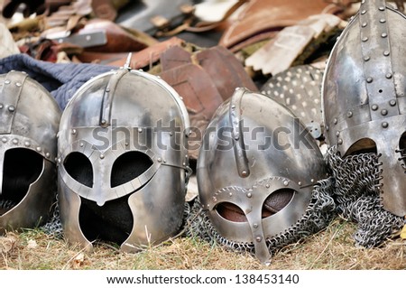 Medieval Templar helmets waiting for their knights