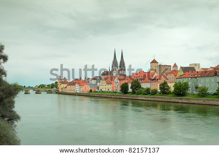 Panorama of Regensburg(UNESCO world heritage site) in a raining day with Danube river, Germany