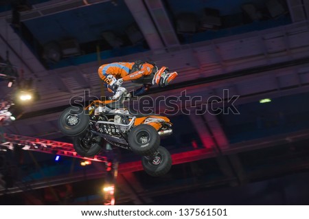 RUSSIA, MOSCOW-MARCH 2: Hugo Ariazu doing tricks on his ATV  at the VI festival of extreme sports in the Olympic Sports Complex Moscow, Russia, on March 2, 2013