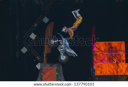 RUSSIA, MOSCOW-MARCH 2: Alexei Kolesnikov doing tricks on his bike at the VI festival of extreme sports in the Olympic Sports Complex Moscow, Russia, on March 2, 2013