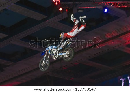 RUSSIA, MOSCOW-MARCH 2: Unidentified sportsman doing tricks on his bike at the VI festival of extreme sports in the Olympic Sports Complex Moscow, Russia, on March 2, 2013