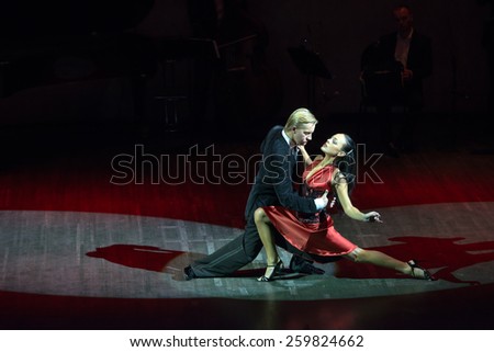 MOSCOW - FEBRUARY 27: Dancers in musical dance show Tango de Buenos Aires in the Chamber Hall of the Moscow House of Music on February 27, 2015 in Moscow, Russia.