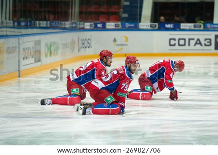 MOSCOW - MARCH 12: CSKA to warm up before the hockey game Yokerit vs CSKA on Russia KHL championship on March 12, 2015, in Moscow, Russia. CSKA won 3: 2
