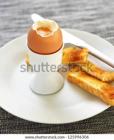 Boiled Egg and toasted bread on a plate with narrow focal point