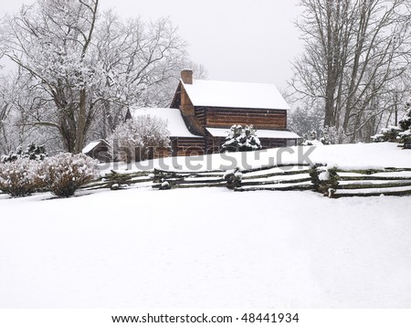 log cabin in snow