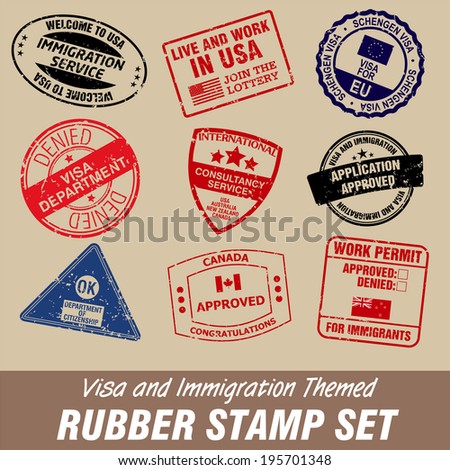 visa and immigration themed rubber stamp set