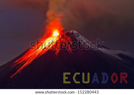 Tungurahua volcano with banner of Ecuador