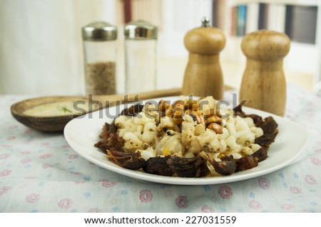 hominy and toasted corn nuts with pork skin traditional ecuadorian food selective focus