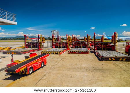 BOGOTA, COLOMBIA - MARCH 07, 2015: Avianca ground support equipment aircraft container and pallet loader at international airport el Dorado in Bogota