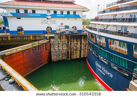 COLON, PANAMA - APRIL 15, 2015: Gatun Locks, Panama Canal. This is the first set of locks situated on the Atlantic entrance of the Panama Canal.
