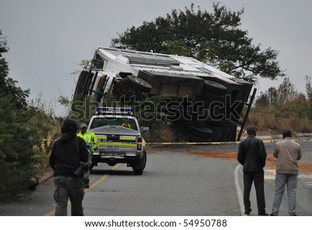 BARBERTON, SOUTH AFRICA - JUNE 10: Scene of bus crash where two British Tourists were killed and as many as 18  others were injured  June 10, 2010 just outside Barberton, South Africa.