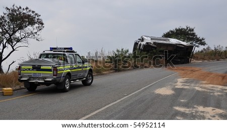 BARBERTON, SOUTH AFRICA - JUNE 10: Scene of bus crash where two British Tourists were killed and as many as 18  others were injured  June 10, 2010 just outside Barberton, South Africa.