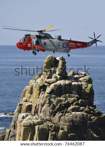 LANDS END, UK - APRIL 29: Royal Navy Seaking practices rescues at Lands End on April 29, 2011 at Lands End, UK