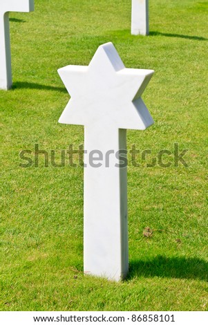 Marble Star of David of fallen Soldier at American War Cemetery near Omaha Beach, Normandy (Colleville-sur-Mer)