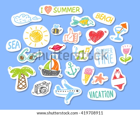 Set of stickers with sketch design element summer theme