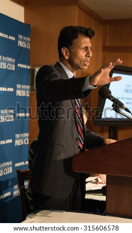 Washington, DC - September 10, 2015: Governor Bobby Jindal of Louisiana, candidate for the Republican presidential nomination, speaks at a press conference at the National Press Club