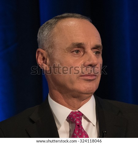 WASHINGTON, DC - SEPTEMBER 28, 2015: Rob Manfred, Commissioner of Major League Baseball, is interviewed by legendary journalist Marvin Kalb at the National Press Club in Washington, DC
