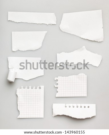 Collection of white ripped pieces of paper on white background
